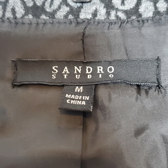 Sandro studio animal print ruffled collar belted ruffle cuff jacket gray medium - Picture 8 of 8